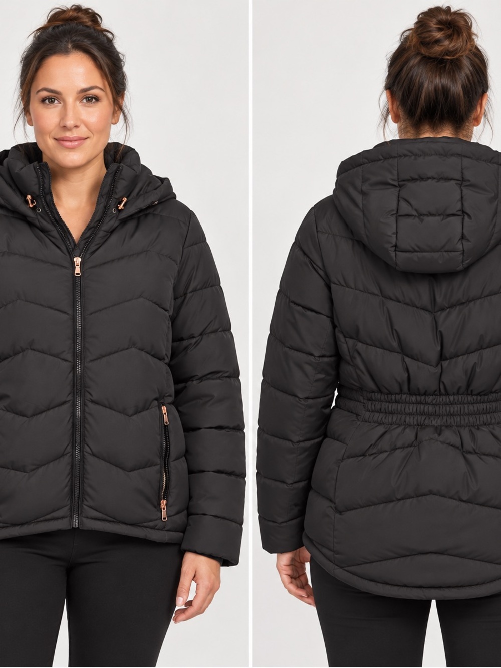 Celsius Hooded Quilted Black Puffer Jacket with Elastic Waist